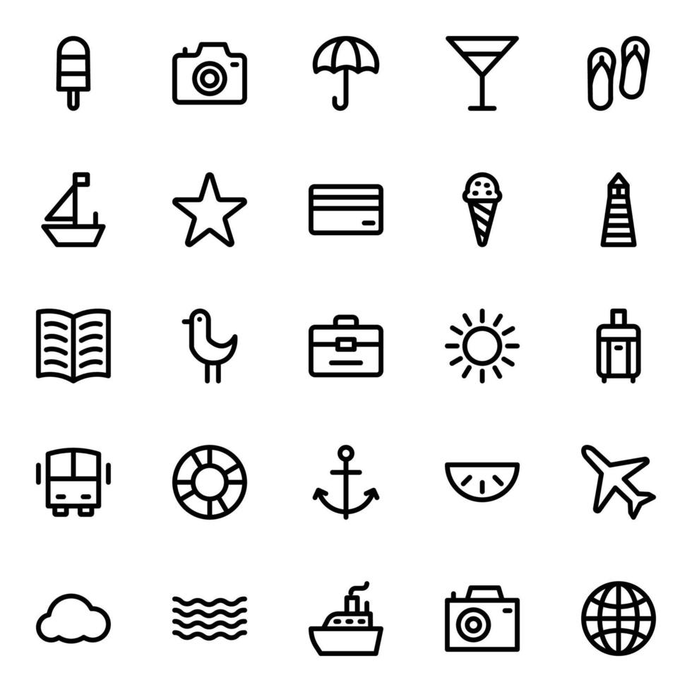 Outline icons for summer holiday beach tourism travel. vector