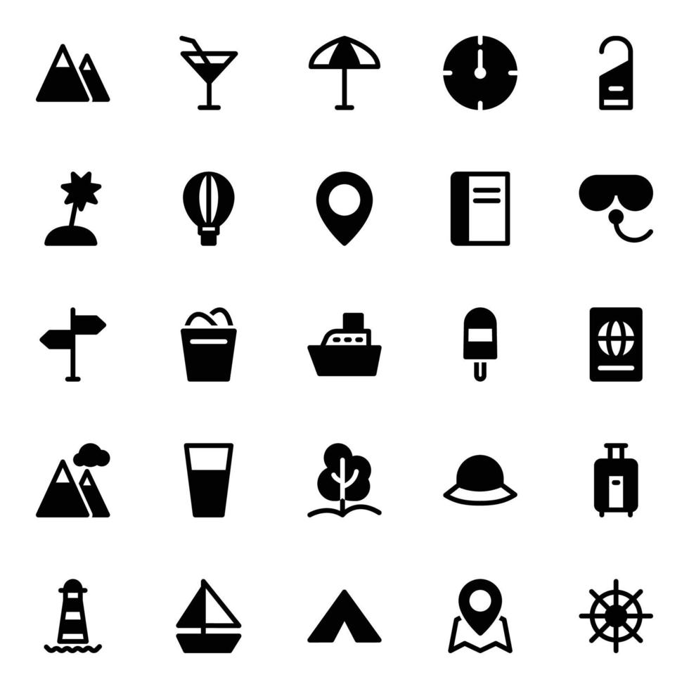 Glyph icons for summer holiday beach tourism travel. vector