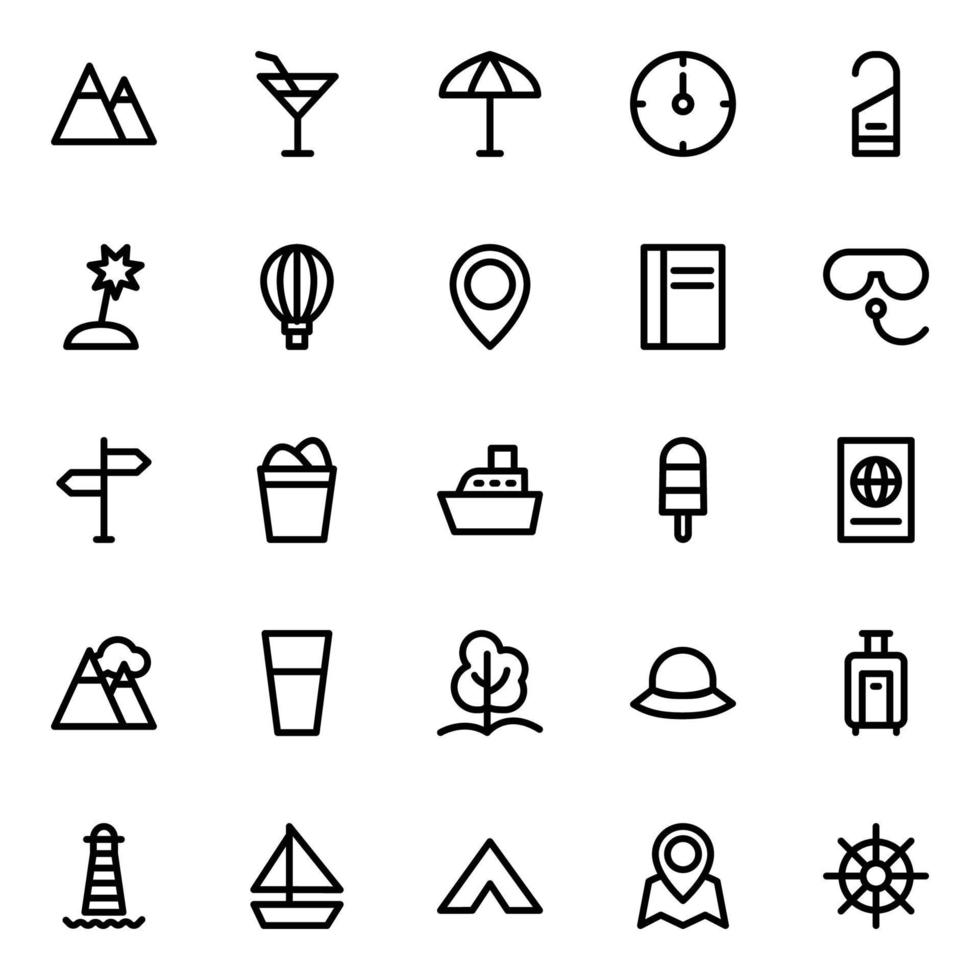 Outline icons for summer holiday beach tourism travel. vector