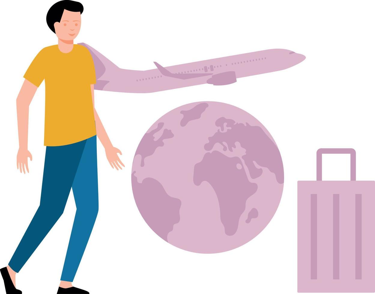 A boy is going to travel on a flight with a suitcase. vector