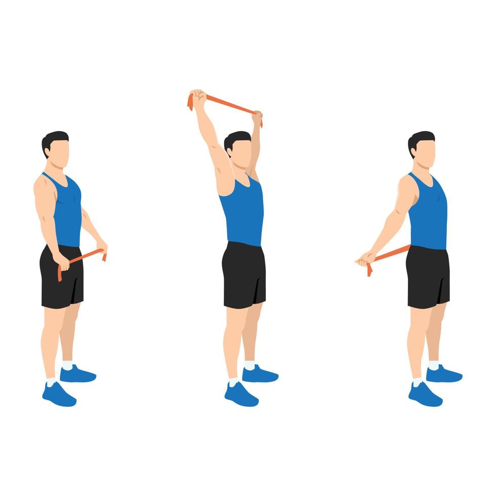 Man doing resistance band chest opener stretch exercise vector