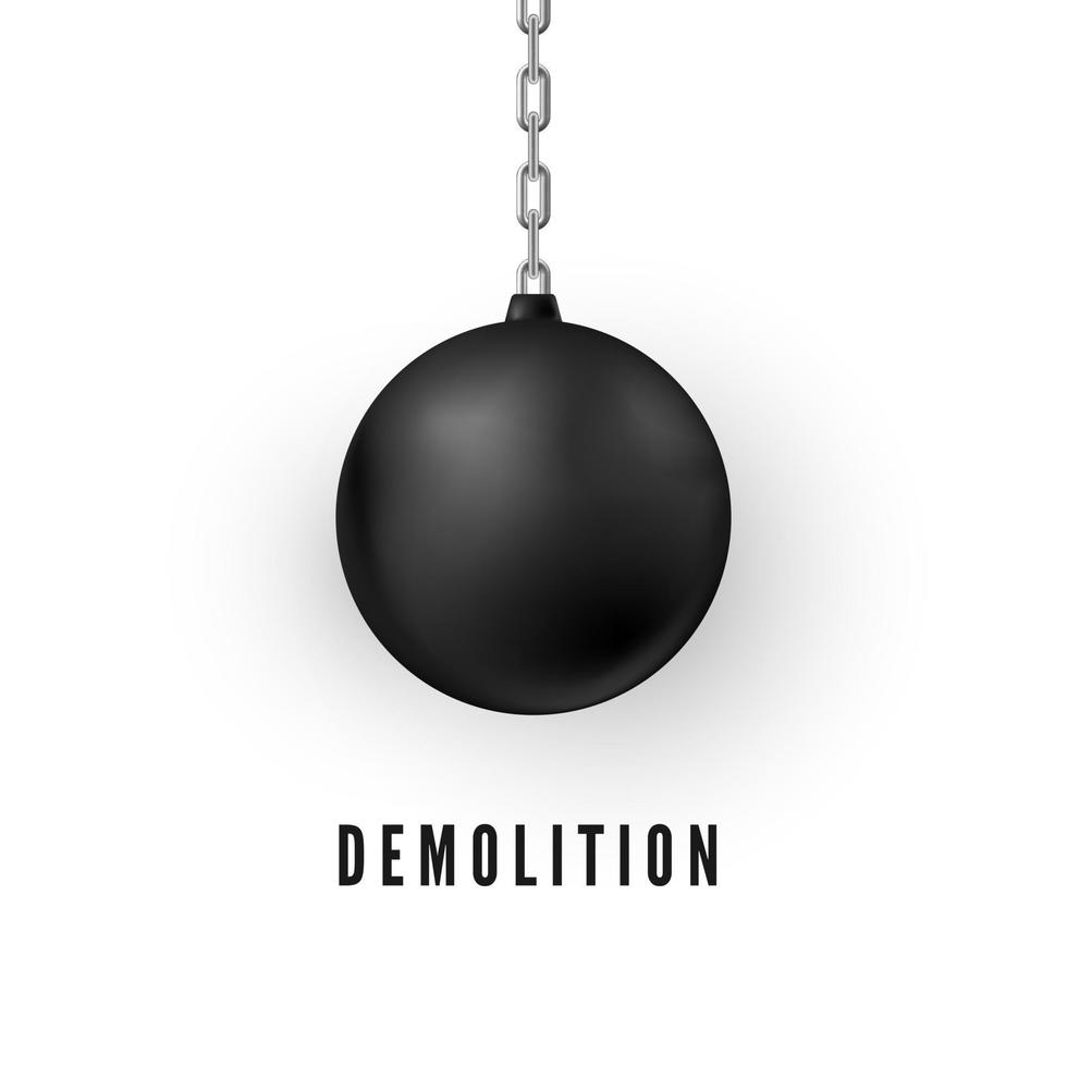 Heavy black wrecking ball for buildings destruction. Realistic Demolition Sphere. Vector illustration isolated on white background