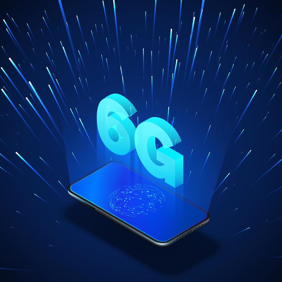 High speed 6G global mobile networks. Business isometric illustration smartphone with internet hologram and text 6g. Modern data transfer. Wireless technology. Vector