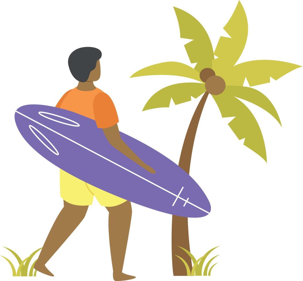 A boy with a surfboard is going surfing. vector