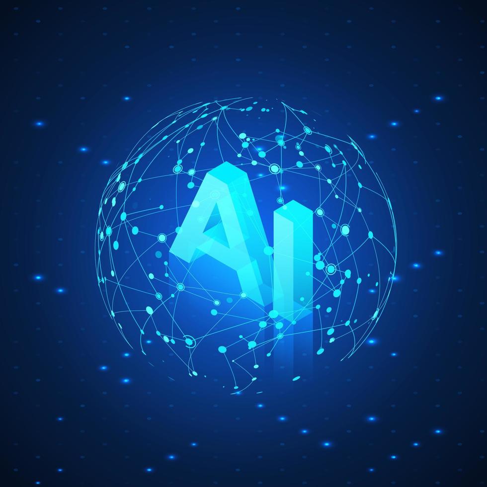 AI hologram in Global Network. Artificial intelligence isometric banner. AI header. Futuristic Technology background. Vector