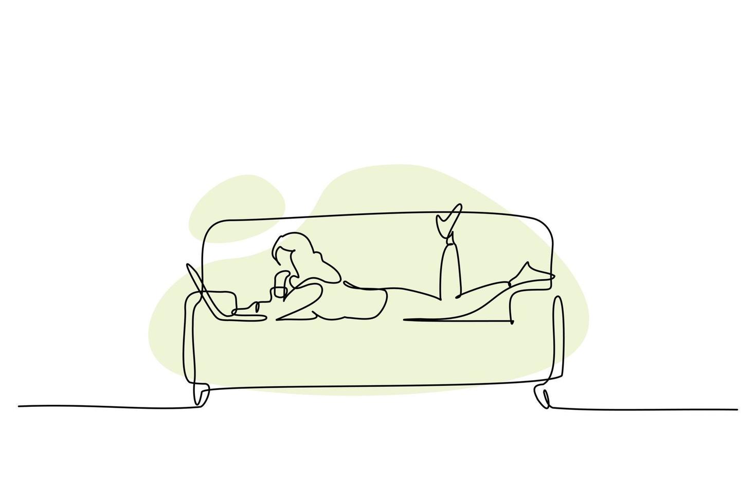 One continuous line drawing of young woman lying on the sofa and working with a laptop. vector