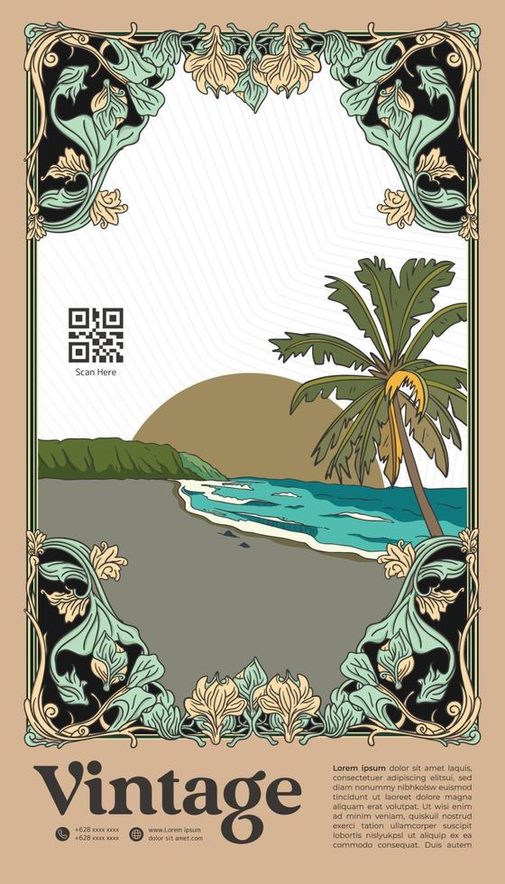 Vintage beach and coconut tree design concept frame border with Art nouveau style vector