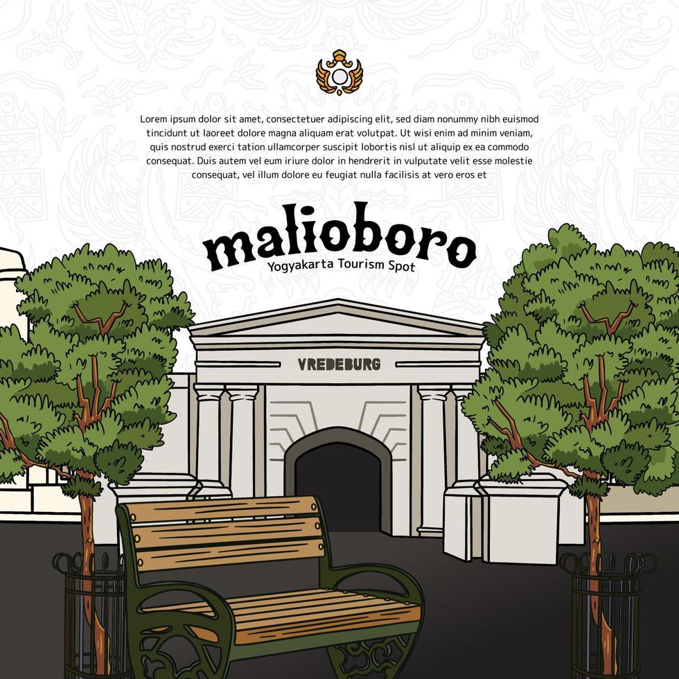 Indonesian tourism Malioboro Street Yogyakarta with Fort Vredeburg Museum design illustration vector