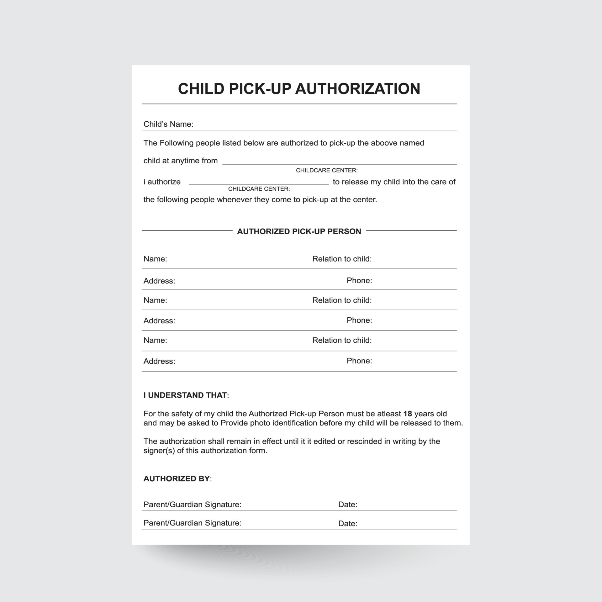 Child Pick Up Form Daycare Forms Daycare Provider Childcare Forms Child Child Pick Up Form Daycare Forms Daycare Provider Childcare Forms Child