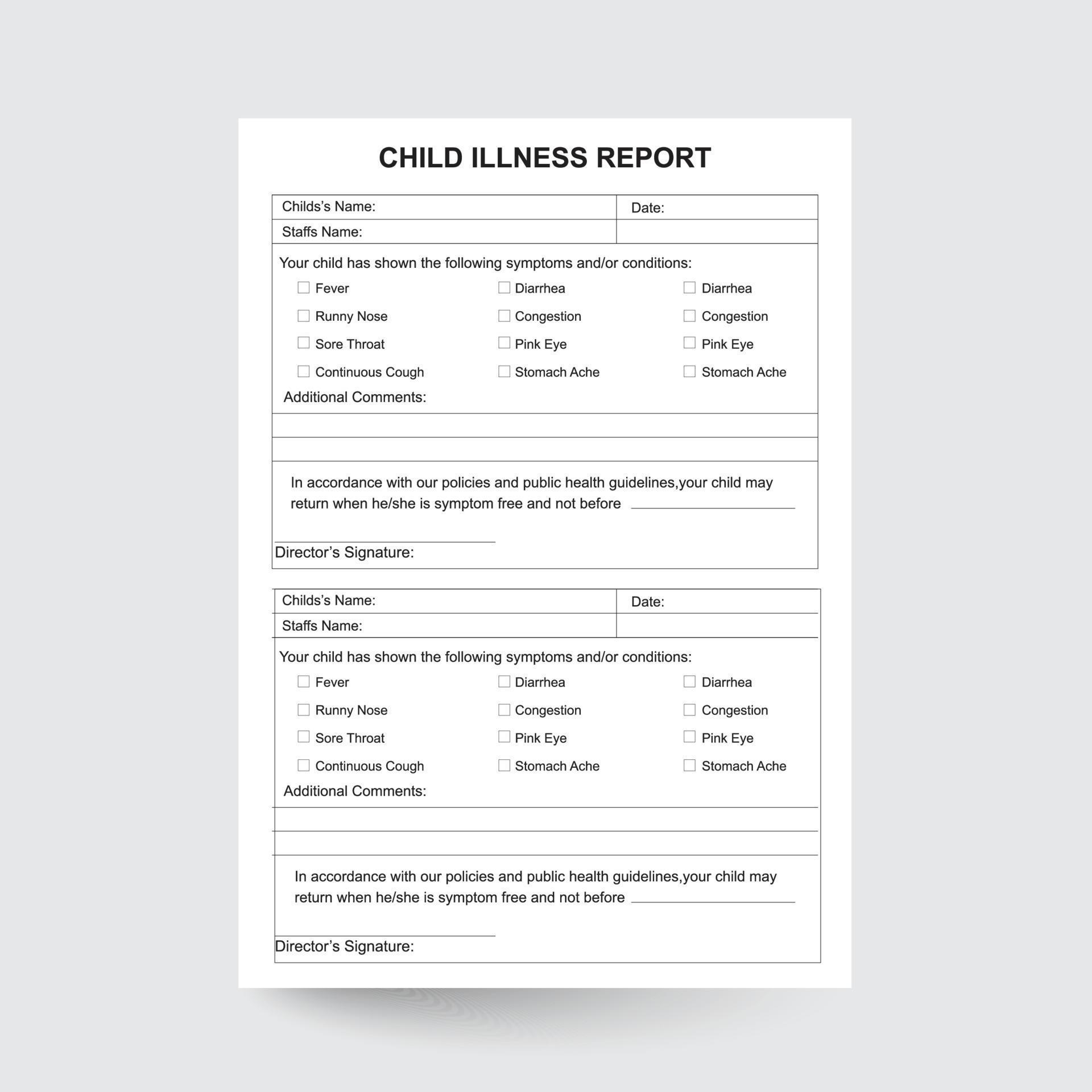 Child Illness Report Child Sick Report Preschool Symptom Form Daycare