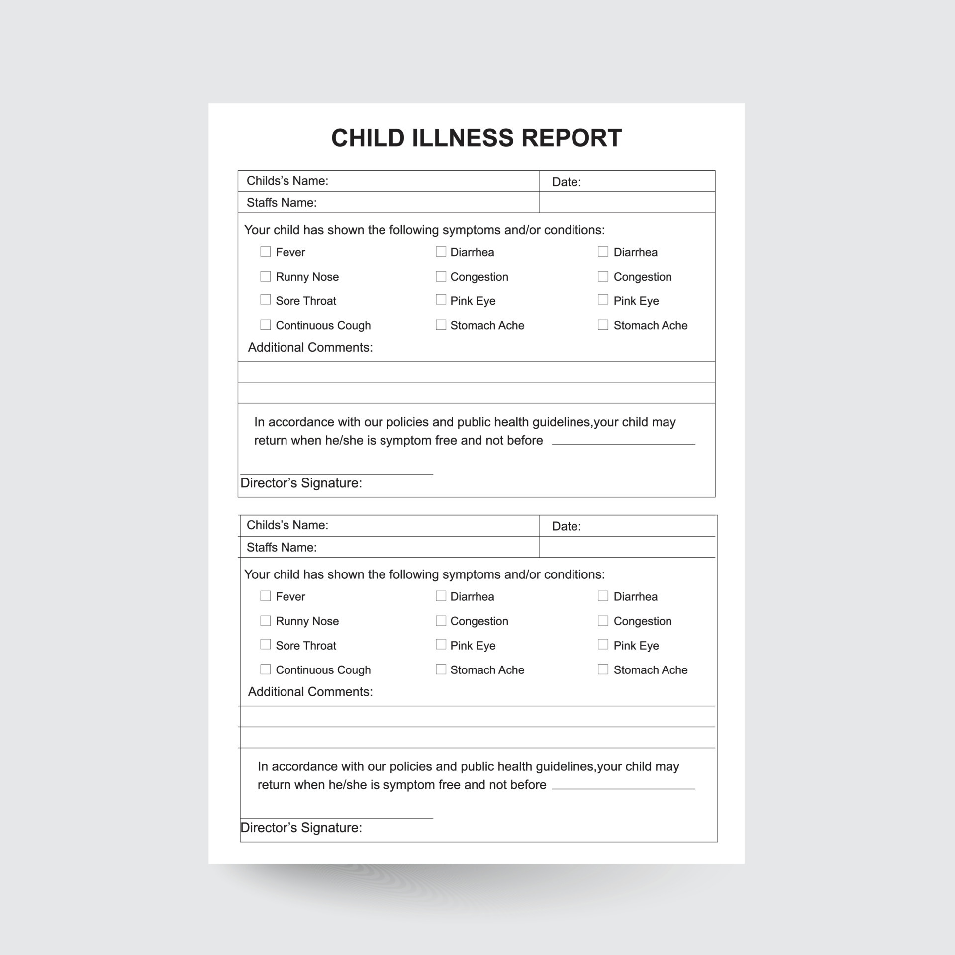 Child Illness Report Child Sick Report Preschool Symptom Form Daycare