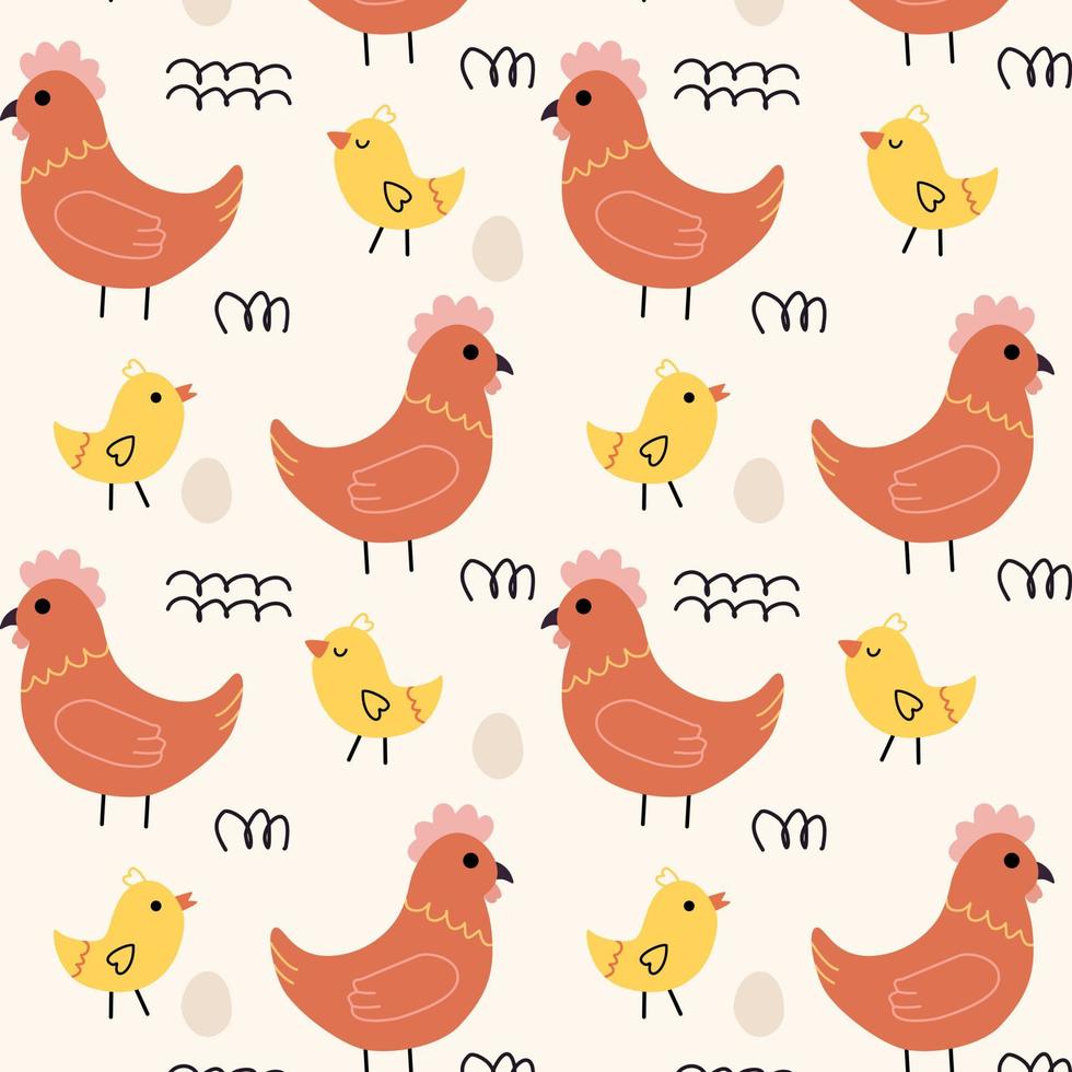 Vector seamless pattern of ornate folk chicken