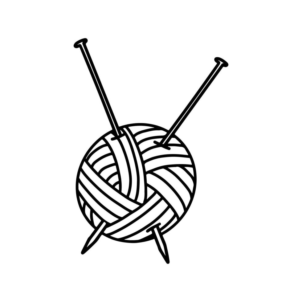 Yarn and knitting needles in hand drawn doodle style. Vector illustration isolated on white. Coloring page.