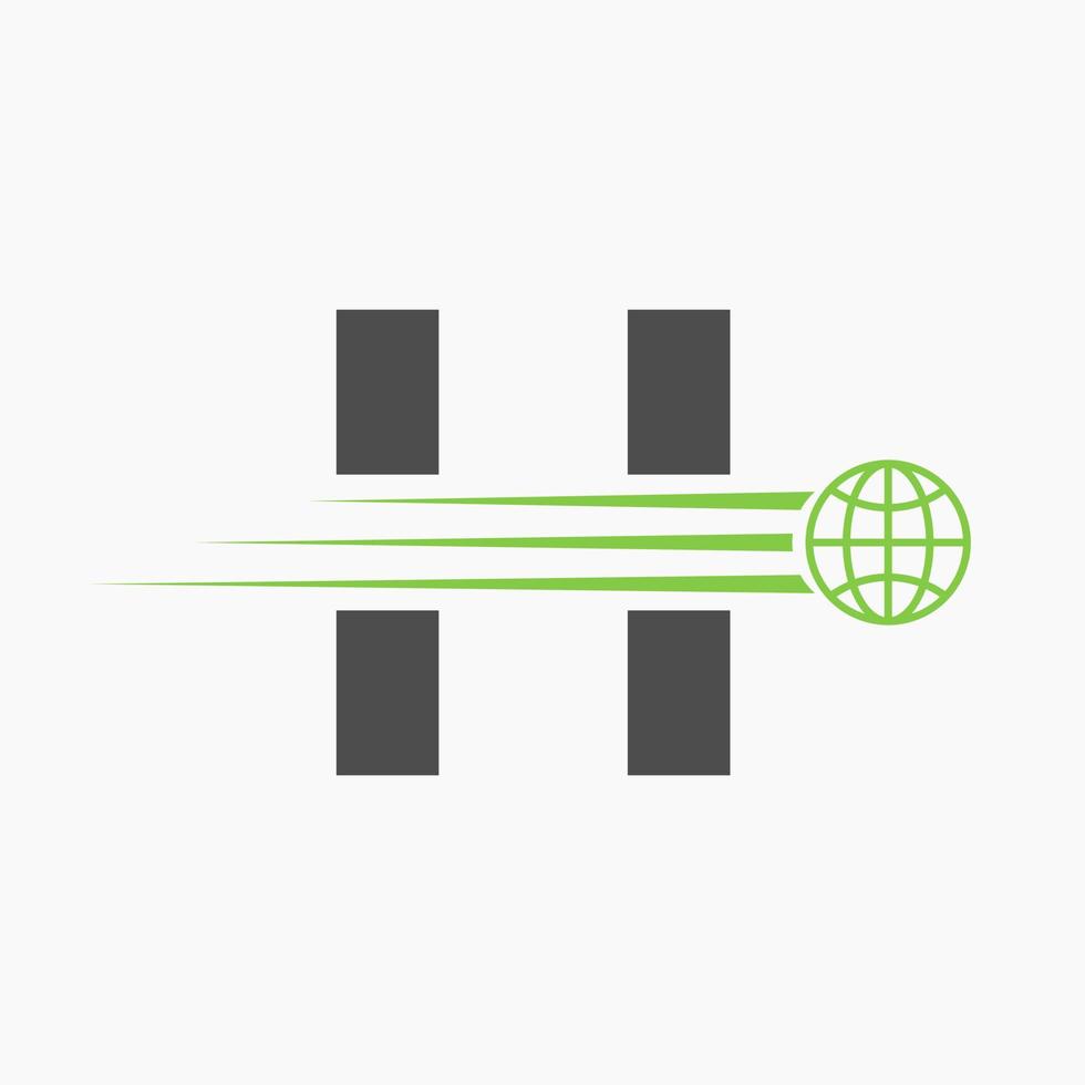 concepto de logotipo global letra h con icono de mundo en movimiento. plantilla de vector de símbolo de logotipo global