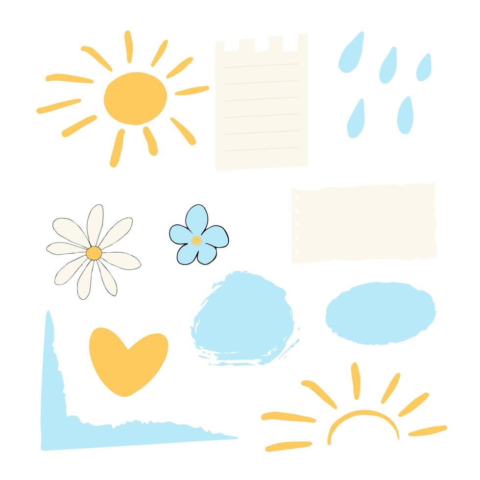 Set doodle ink, brush design elements with flowers,sun, rain drops, decorations abstract free hand brush drawing isolated on white background. Vector illustration