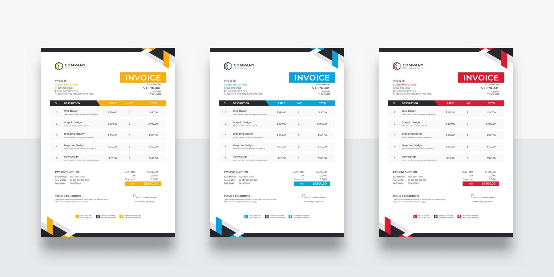 modern company business Invoice design template. creative invoice Template Paper Sheet Include Accounting, Price, Tax, and Quantity. With color variation Vector illustration of Finance