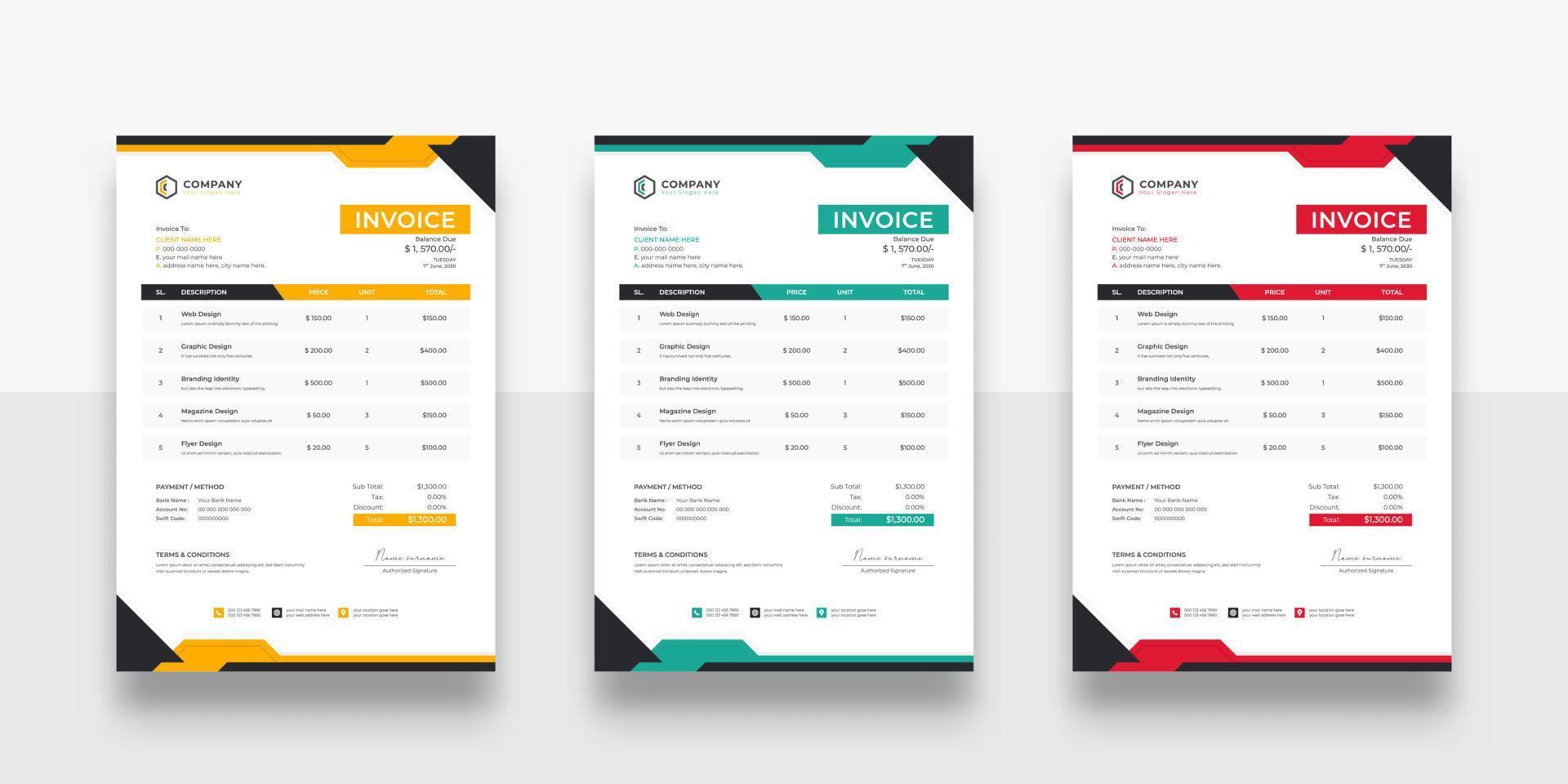 Modern and creative corporate company invoice template. creative invoice Template Paper Sheet Include Accounting, Price, Tax, and Quantity. With color variation Vector illustration of Finance