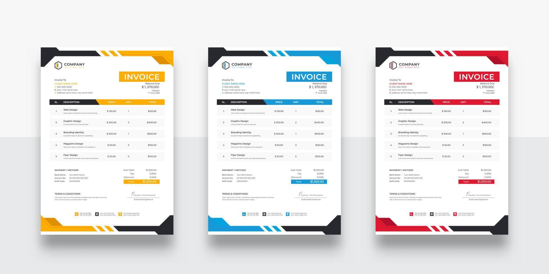 Abstract modern colorful business invoice template. creative invoice Template Paper Sheet Include Accounting, Price, Tax, and Quantity. With color variation Vector illustration of Finance