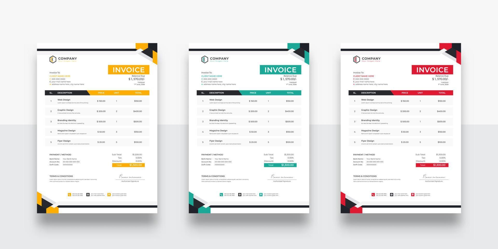 Professional and Clean Creative Corporate Business Invoice design template. creative invoice Template Paper Sheet Include Accounting, Price, Tax, and Quantity. With color variation Vector