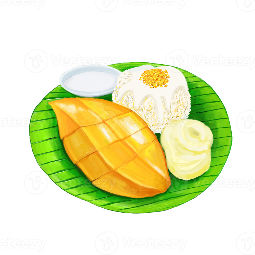 vattenfärg och teckning för mango klibbig ris med vanilj is grädde och kokos mjölk. thai kök och efterrätt. digital målning av mat illustration regional mat png