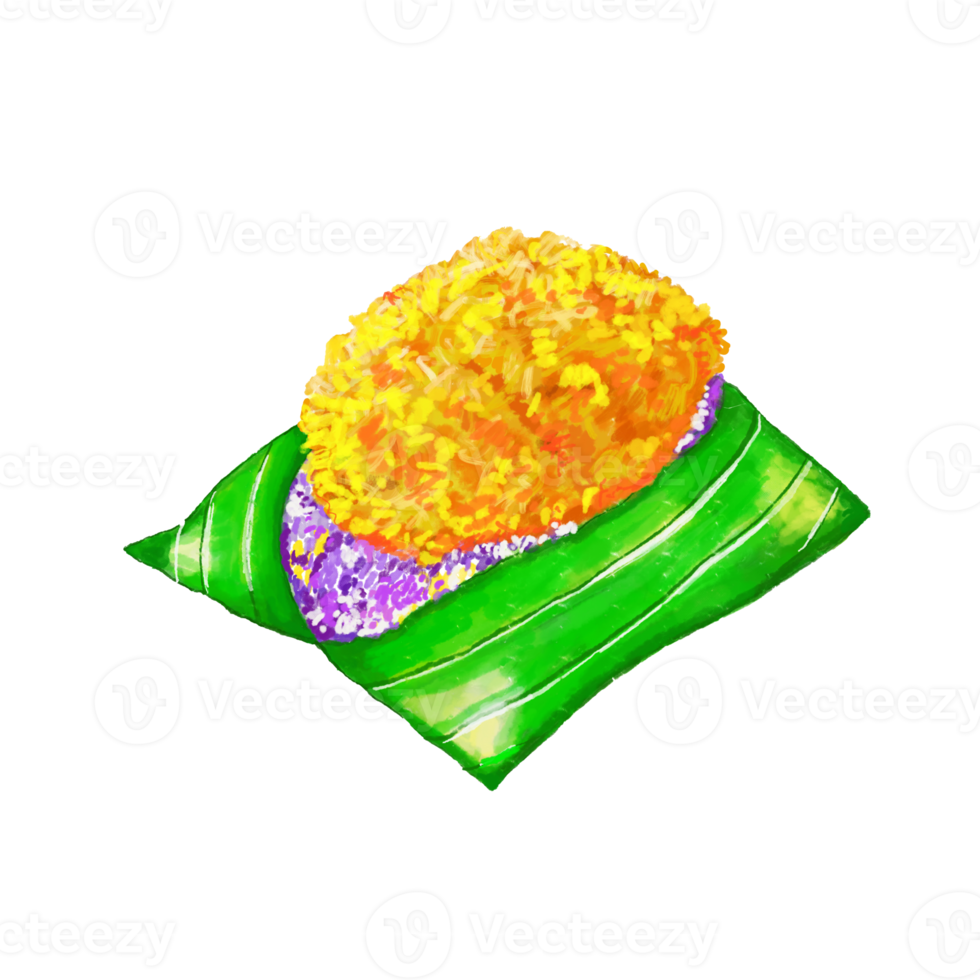 Watercolor and drawing for sticky rice with grated coconut. Thai cuisine and dessert. Digital painting of food illustration. Regional Foods Concept. png