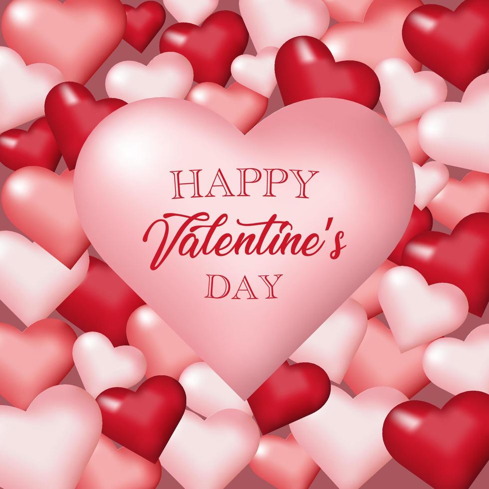 3d red and pearl hearts card for Valentines day. Happy Valentine's Day greeting card vector illustration. Valentines day abstract background. White, red, pink 3d heart. February 14, love