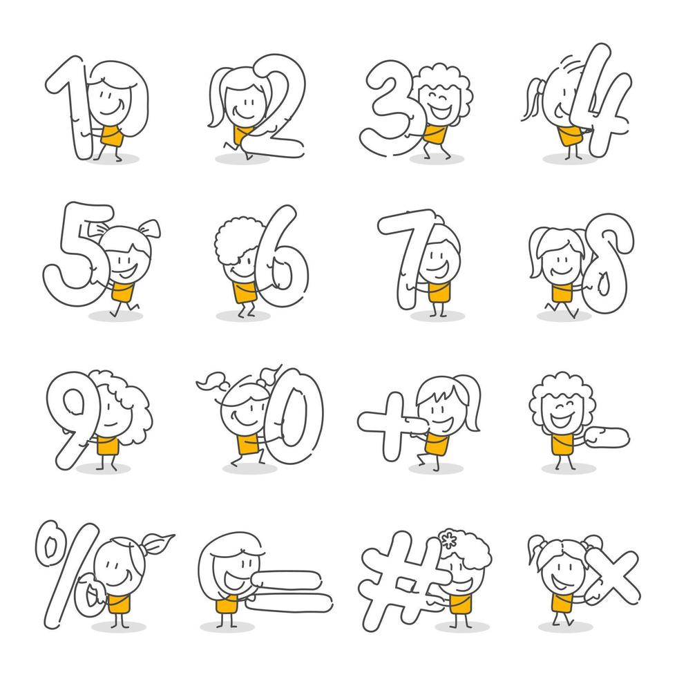 Stick figures. Numbers. Hand drawn doodle line art cartoon design character. vector