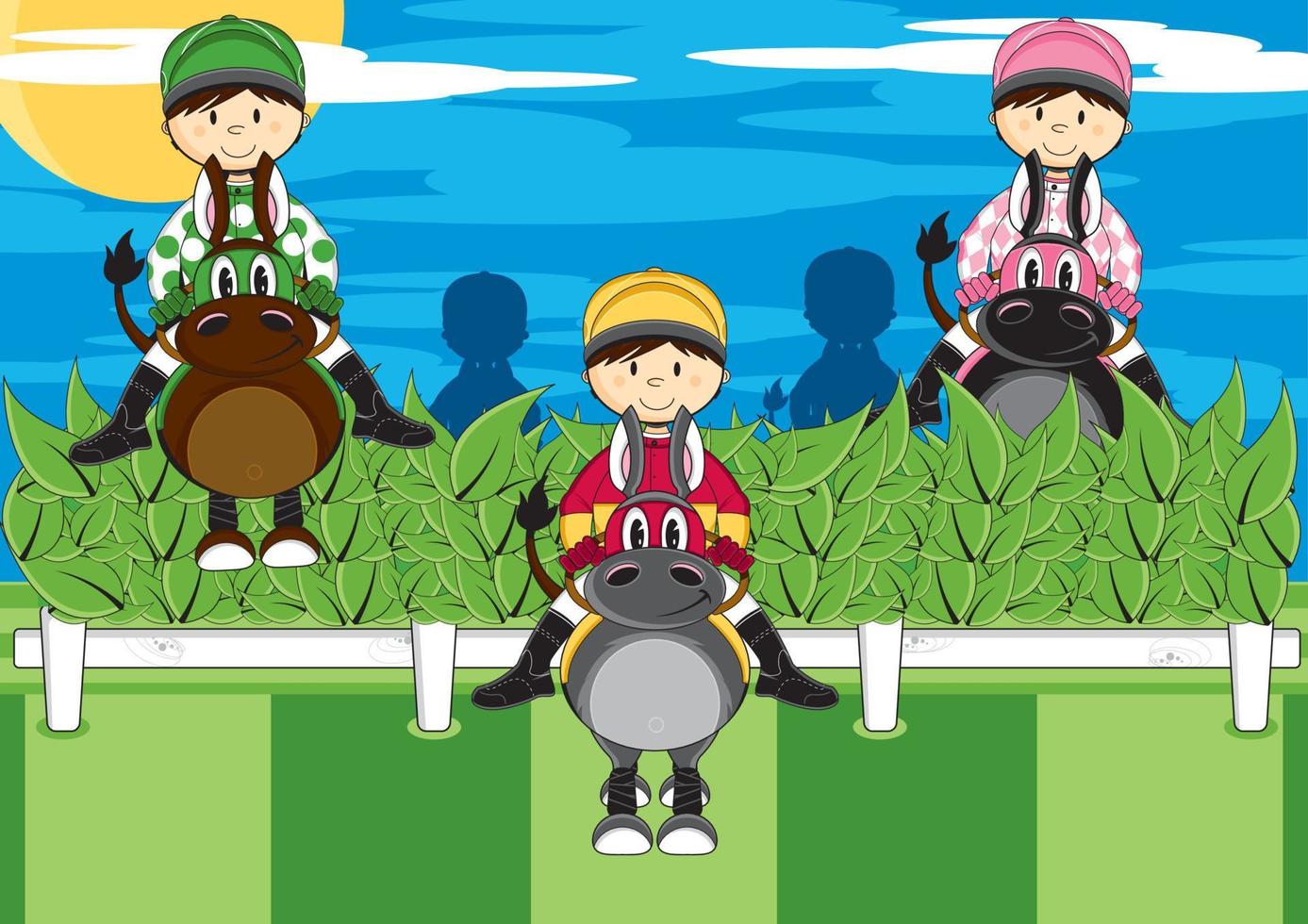 Cute Cartoon Jockeys on Horses Sport and Leisure Illustration vector