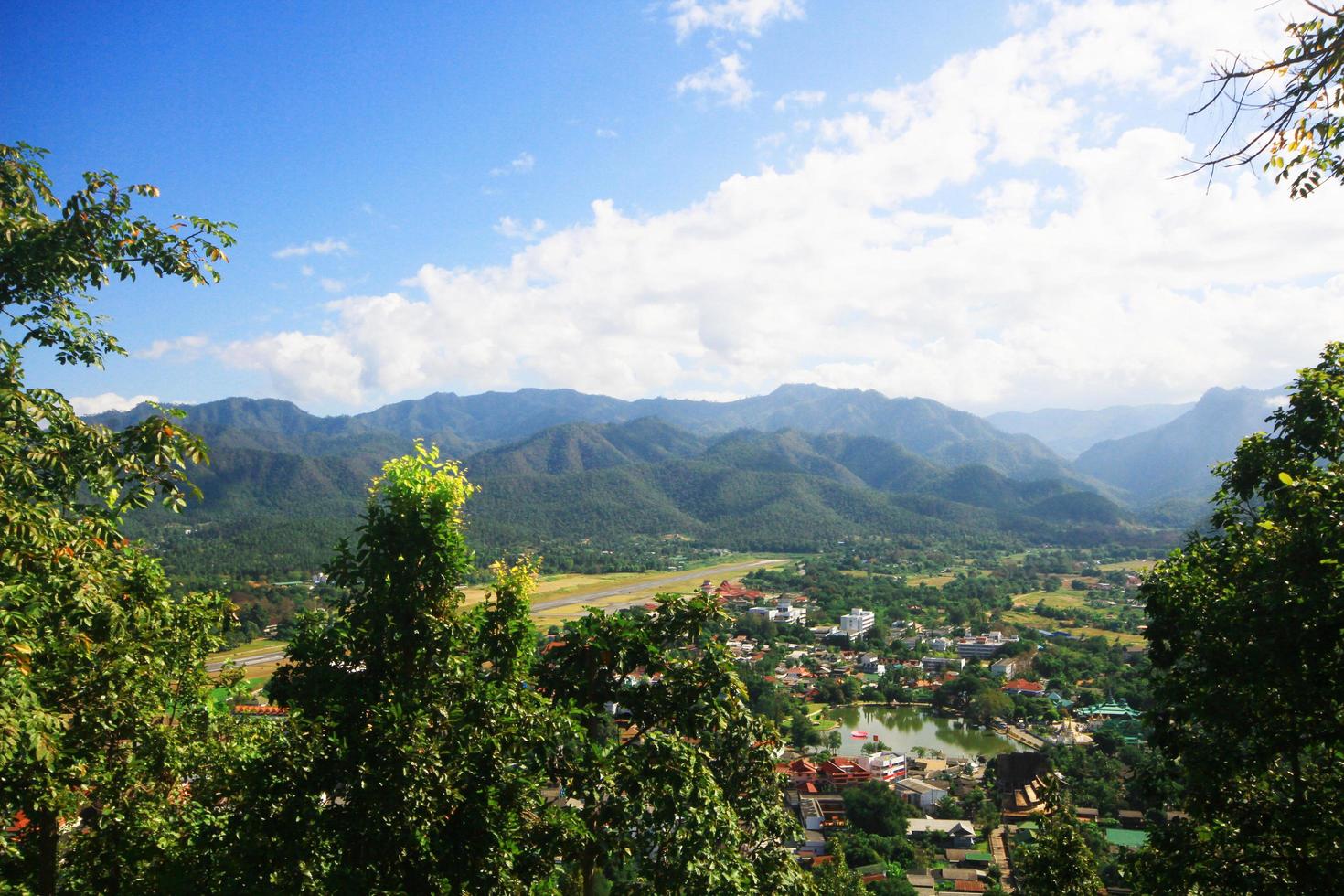 Beautiful Mountain viewpoint on hill can see from bird eyes view to Village in town of countryside at notrhern of Thailnad photo