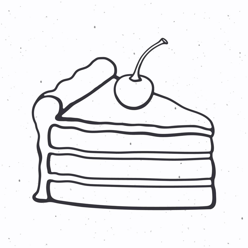 Hand drawn doodle of a piece of cake with cream and cherry vector