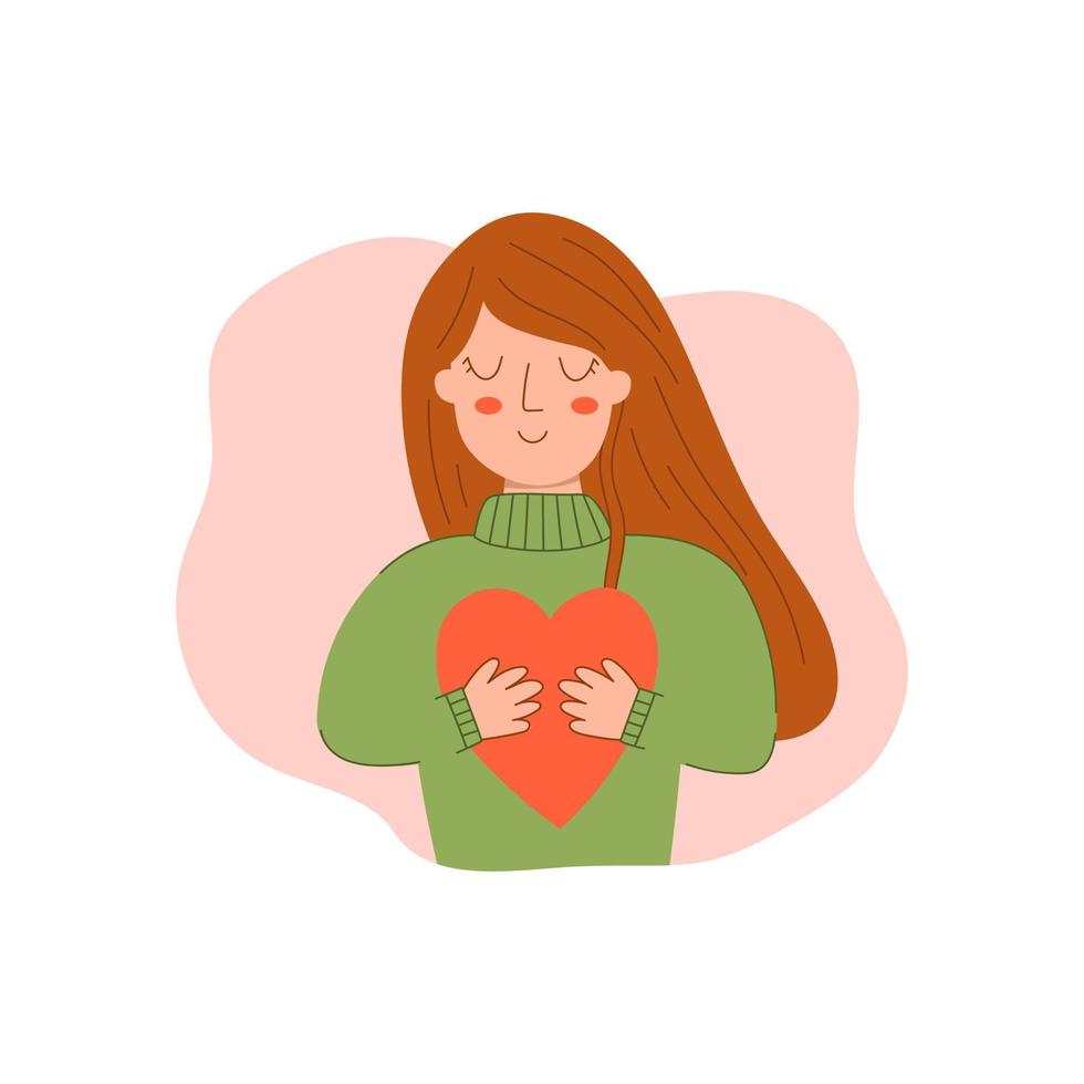 amor tú mismo concepto con joven mujer participación un corazón. mental cuidado de la salud. amor propio. plano vector ilustración de un retrato de un niña participación un corazón con su propio manos