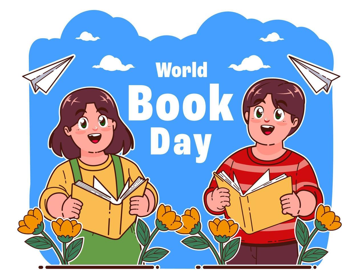 children reading books, world book day vector