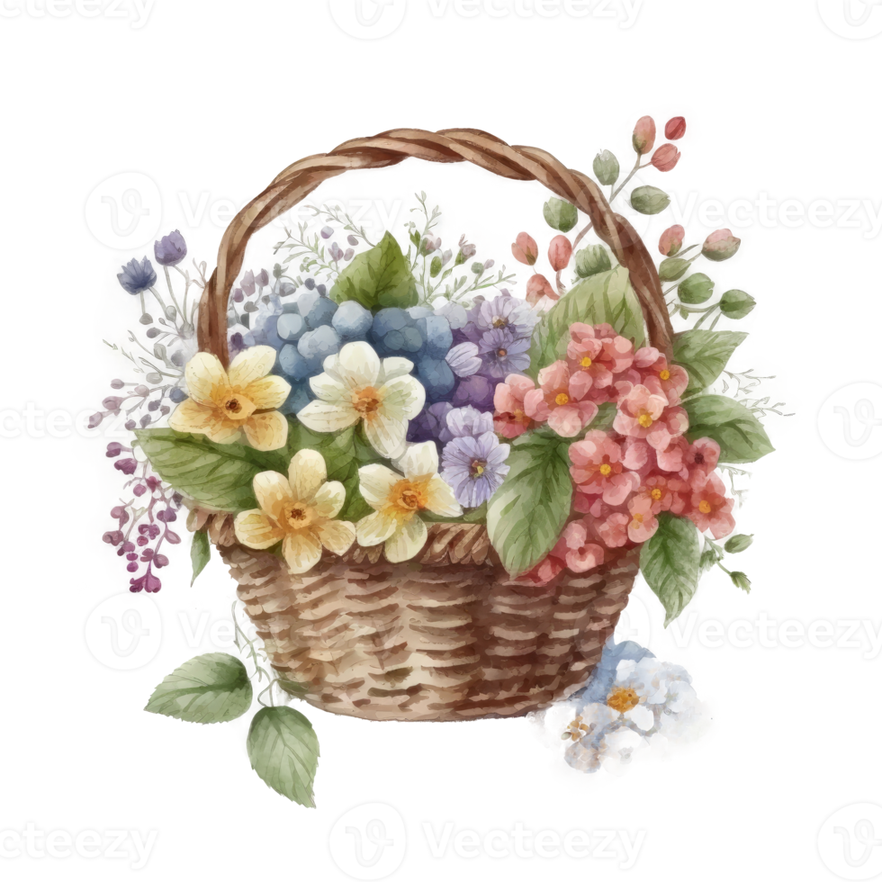 Watercolor summer flowers in basket. png