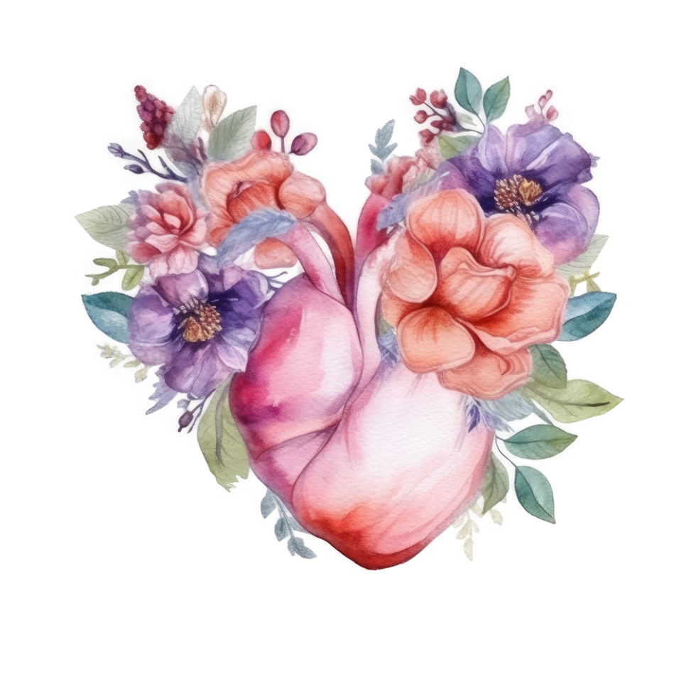 Watercolor heart with flowers. png
