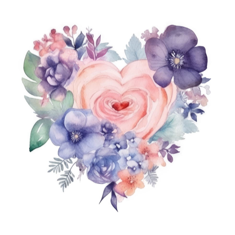 Watercolor heart with flowers. png