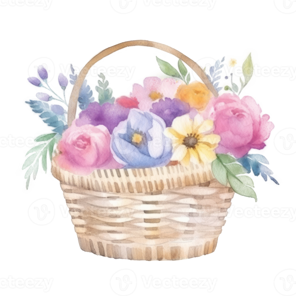 Watercolor summer flowers in basket. png