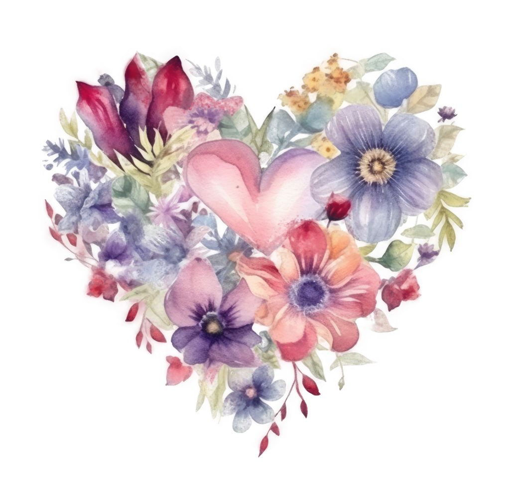 Watercolor heart with flowers. png