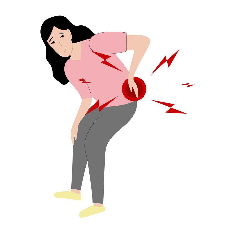 Asian Woman has low back pain and sciatica from a herniated disc. Medical diagrams about trapped nerves make patients chronic pain in the back and paralysis. Vector illustration.