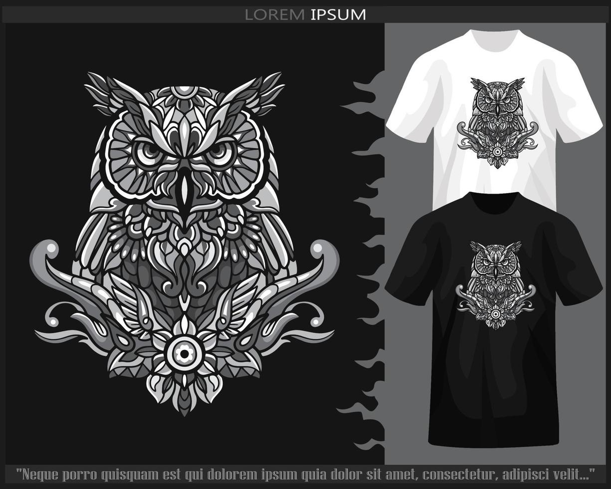 Monochrome color owl bird mandala arts isolated on black and white t shirt. vector