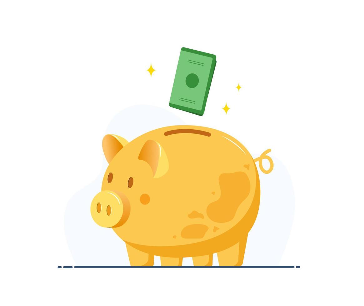 Gold piggy bank with falling banknote. Save money concept. Investments in future. Financial symbol. Banking or business services. Vector illustration in flat cartoon style