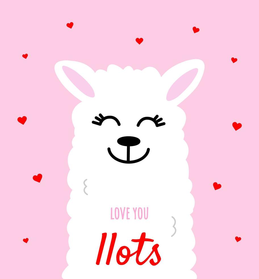 Cute loving white llama on pink background. Postcard or poster design. Concept of web banner or postcard. vector