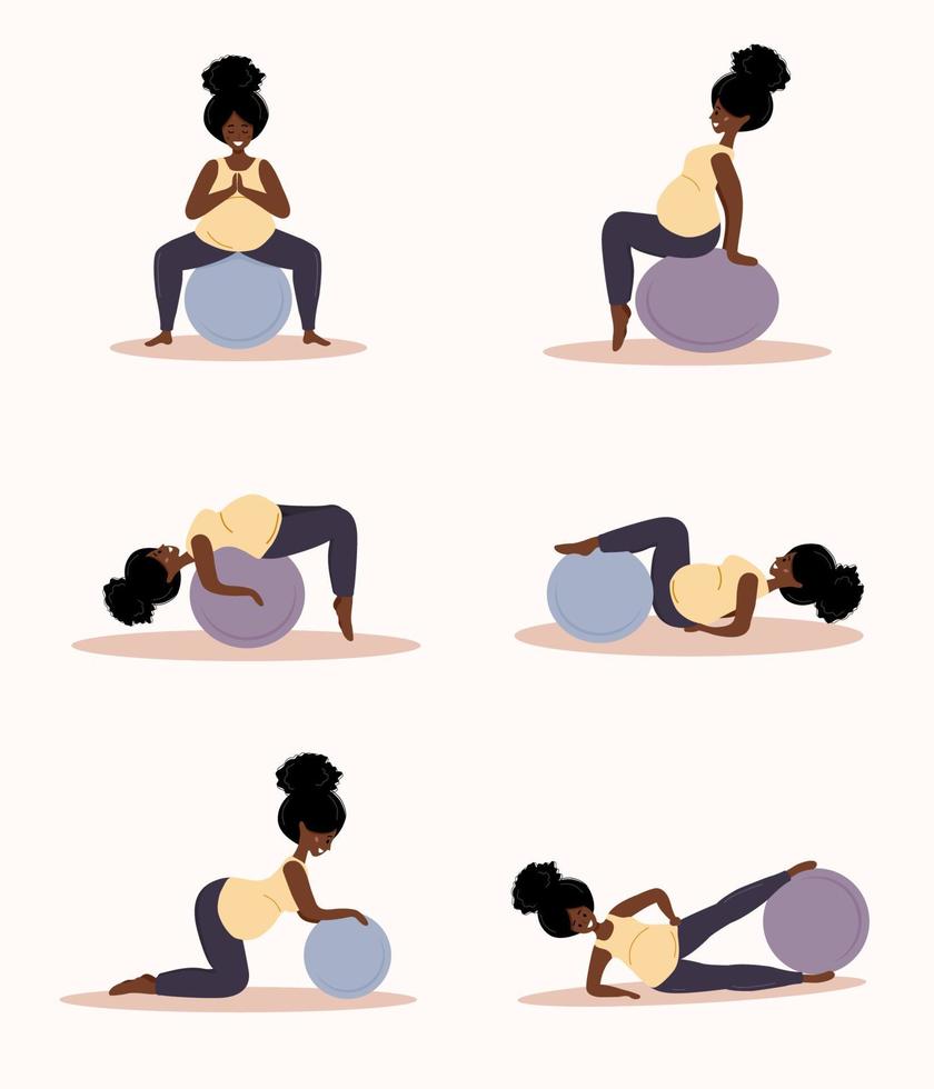 yoga durante el embarazo. colección de aptitud ejercicios con fitball africano mujer haciendo deporte. salud cuidado y deporte concepto. belleza hembra personaje. vector ilustración en plano estilo.