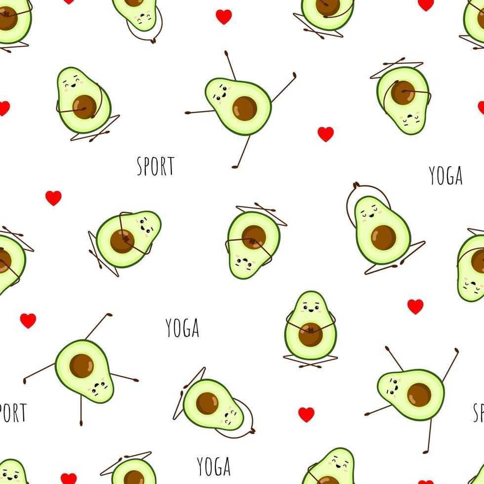 patrón sin costuras de yoga de aguacate. diseño de personajes de aguacate sobre fondo blanco. yoga para mujeres embarazadas. linda ilustración para tarjetas de felicitación, pegatinas, telas, sitios web e impresiones. vector