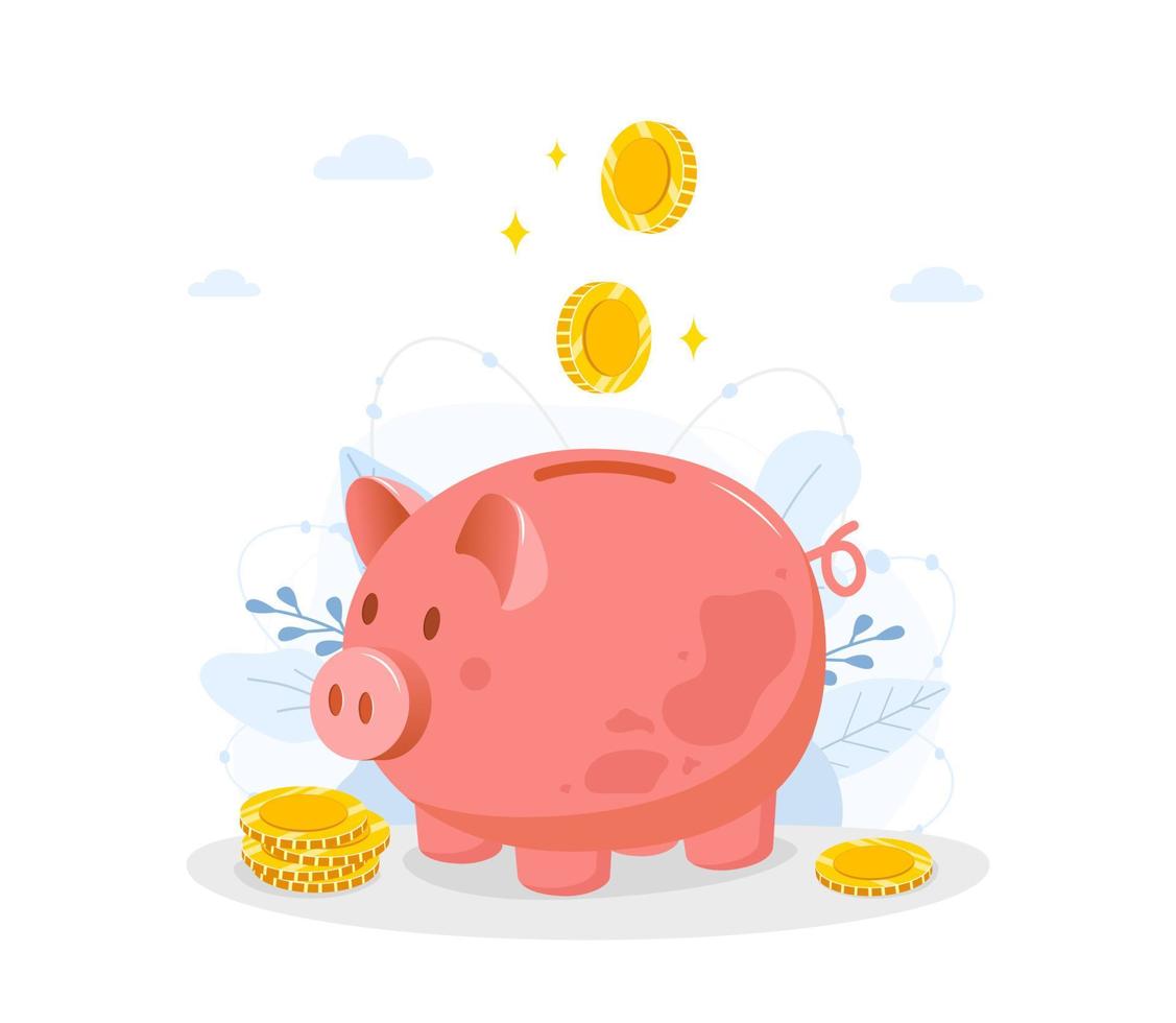 Piggy bank with falling coins. Save money concept. Investments in future. Financial symbol. Banking or business services. Vector illustration in flat cartoon style