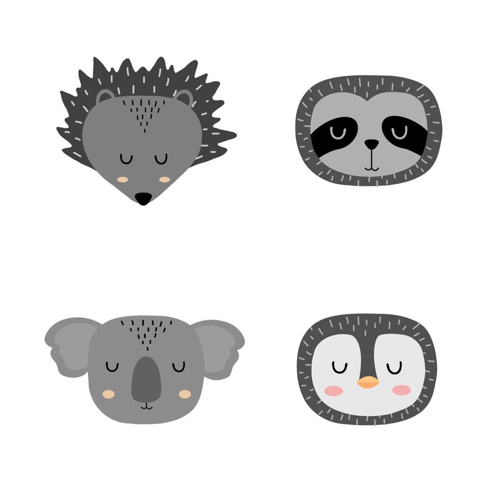 Set of cute hand drawn slleping animals - hedgehog, sloth, koala and penguin. Cartoon zoo. Vector illustration. Animals for the design of children's products in scandinavian style.