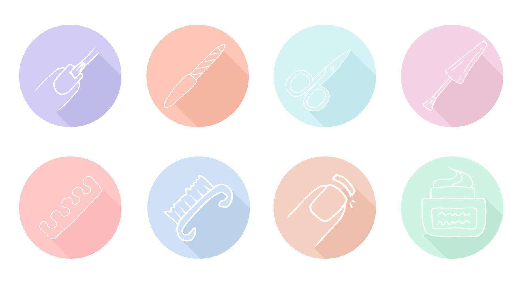 Manicure and pedicure icons. Simple vector set. Contains such sign as nail file, scissors, brush and more. Beautiful simple icons.
