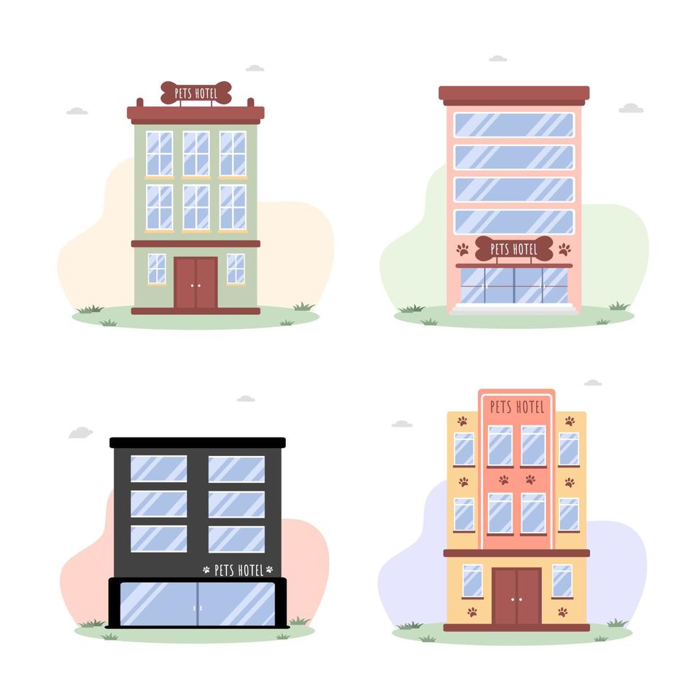 Pets hotel. Veterinary hospital services and domestic animals hotels. Dogs grooming and health check center. Vet clinic, robotic pet sitters metaphors. Vector illustrations in flat style.