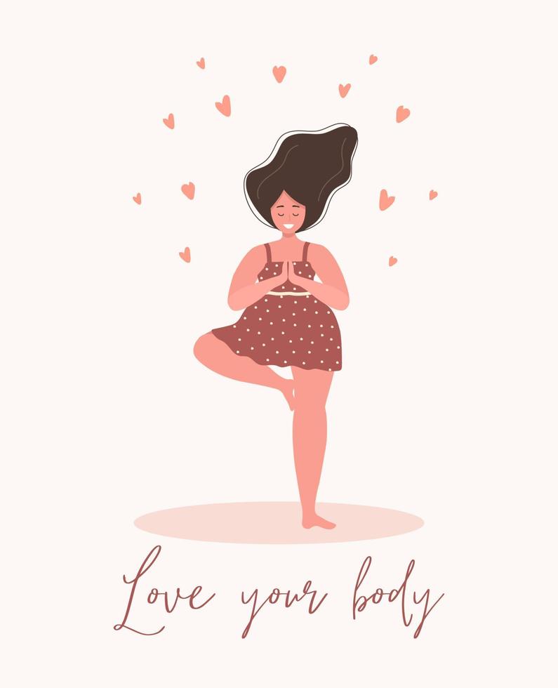 Love yourself. Love your body concept. Girl Healthcare Skincare. Take time for your self. Calm woman in dress with hearts on white background. Pastel cute soft colors. Vector illustration. Flat style.