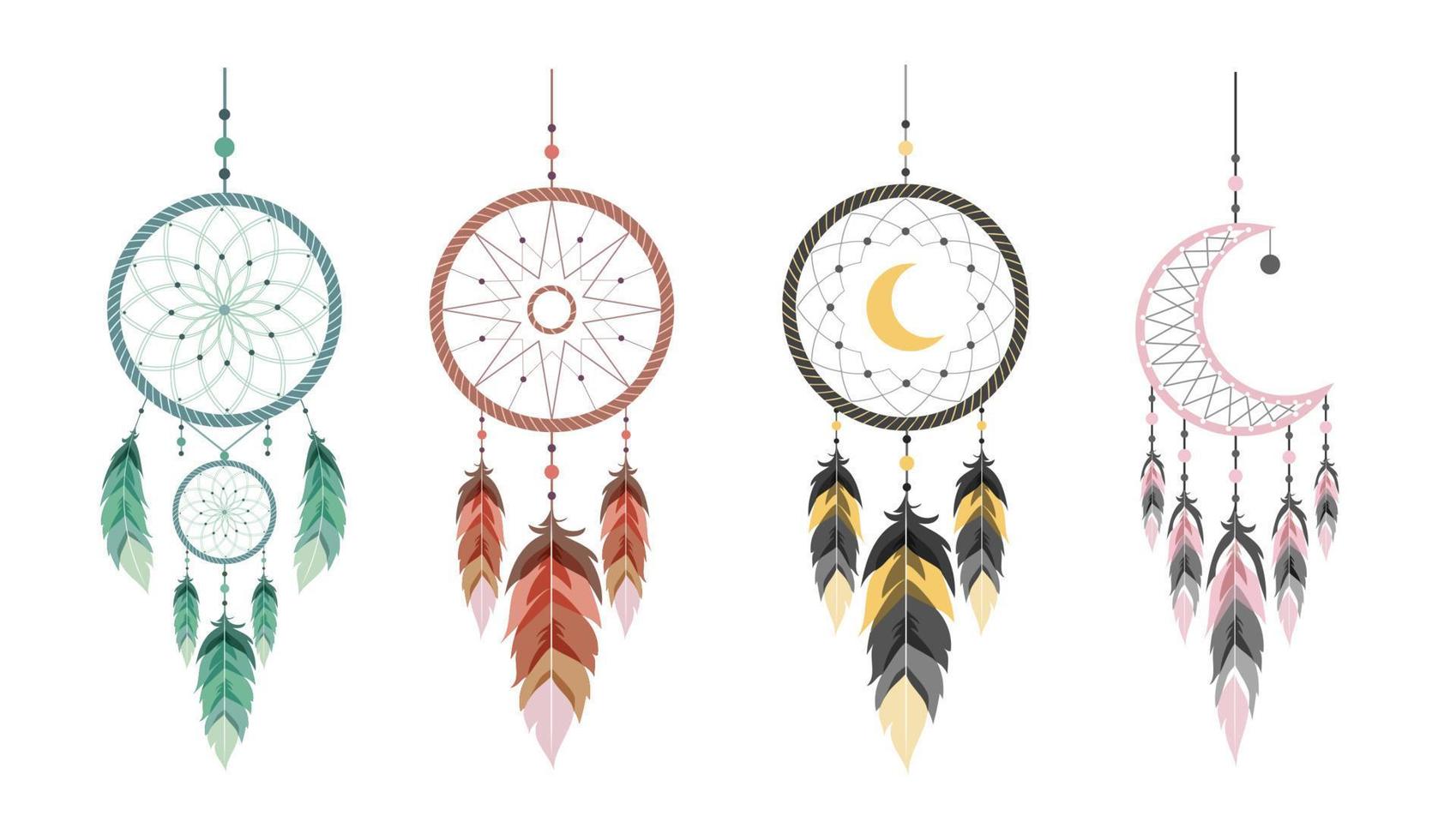 Dream catcher with moon and feathers. Set of Indian talismans. vector