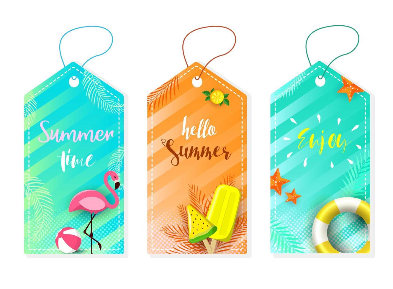 conjunto de etiquetas de venta y regalo de verano, etiquetas con elementos divertidos, letras dibujadas a mano. colección con hojas de palma tropical, plantas, flamingo, helado, coco y mucho más. vector